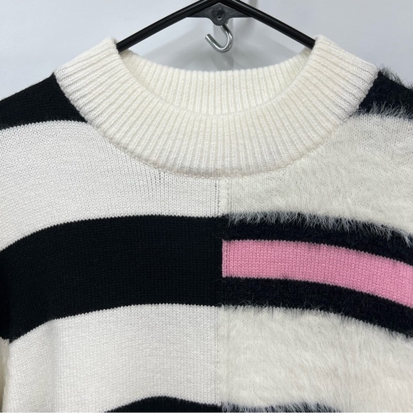 THML Kirsten striped M knit sweater white pink black bold modern high neckline - Picture 5 of 12